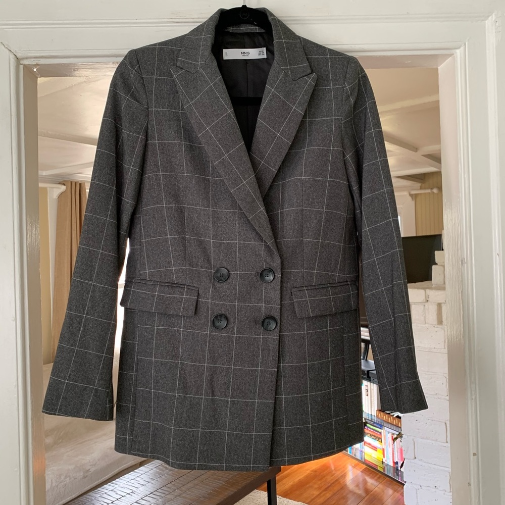 Mango Check Structured Double Breasted Blazer Grey - image 4